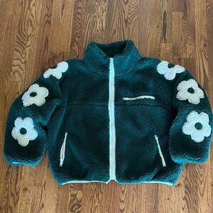 Floral Sleeve Fleece Bomber Jacket in Green & Off White- Size: Medium